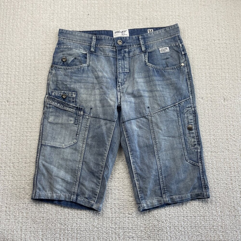Y2K Projek Raw Cargo Denim Jeans Shorts Moto Pockets Military Army Men Sz 34